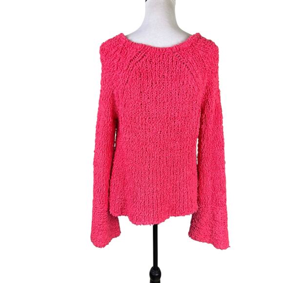 Free People Sand Dune Pullover Coral Pink V-Neck Long Bell Sleeve Fuzzy Sweater - Picture 7 of 12